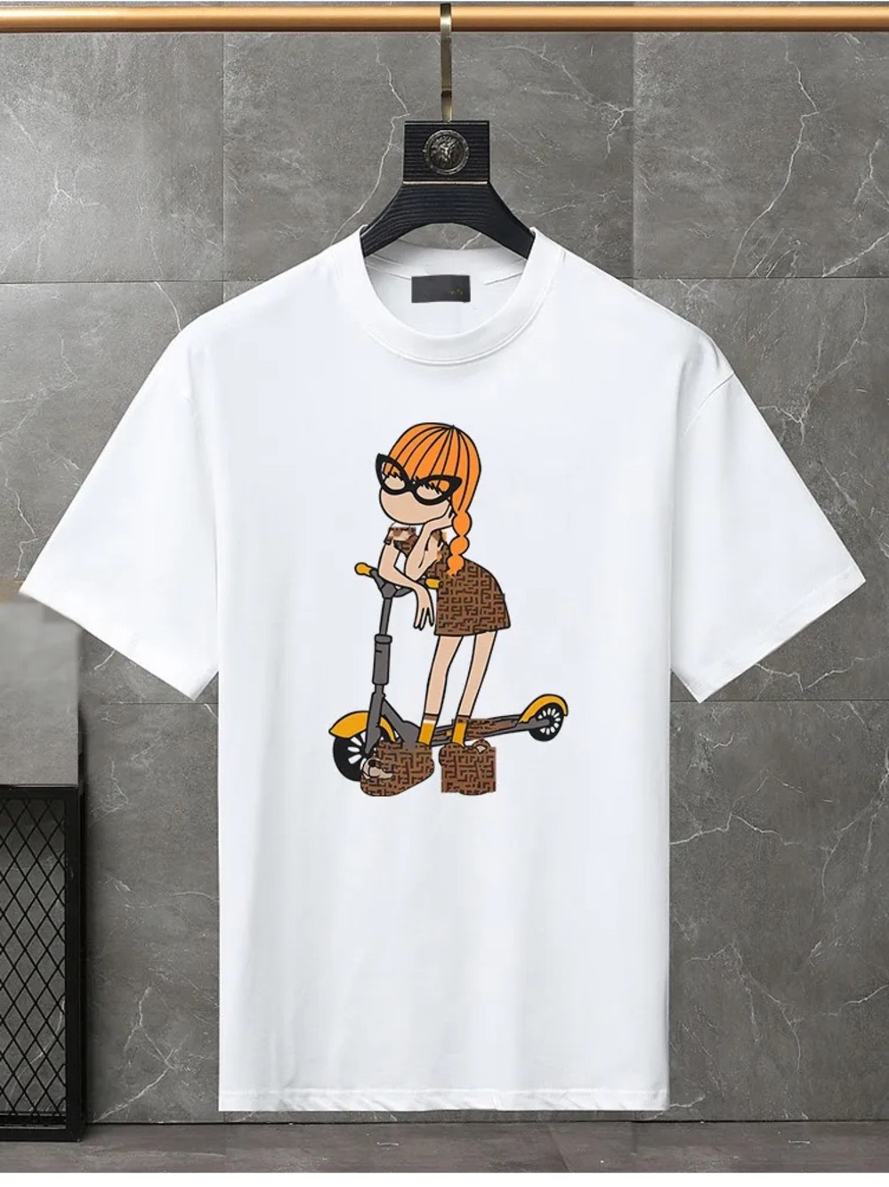 Fendi Authentic White Graphic Tee with Orange Cartoon Girl on Scooter⭐️8A